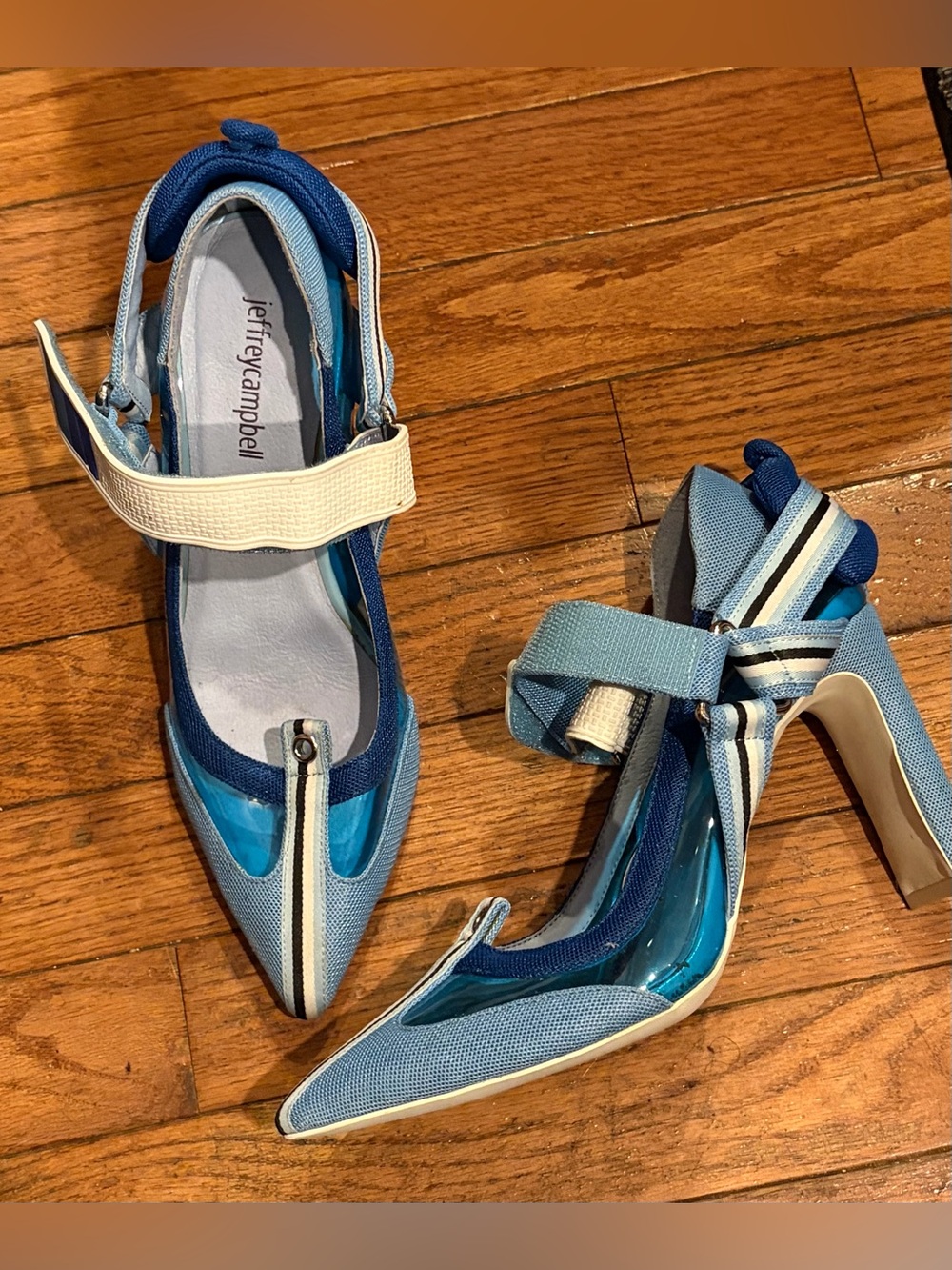 Jeffrey Campbell Blue Multi Sporty-Strap Pointed Heels size 7.5